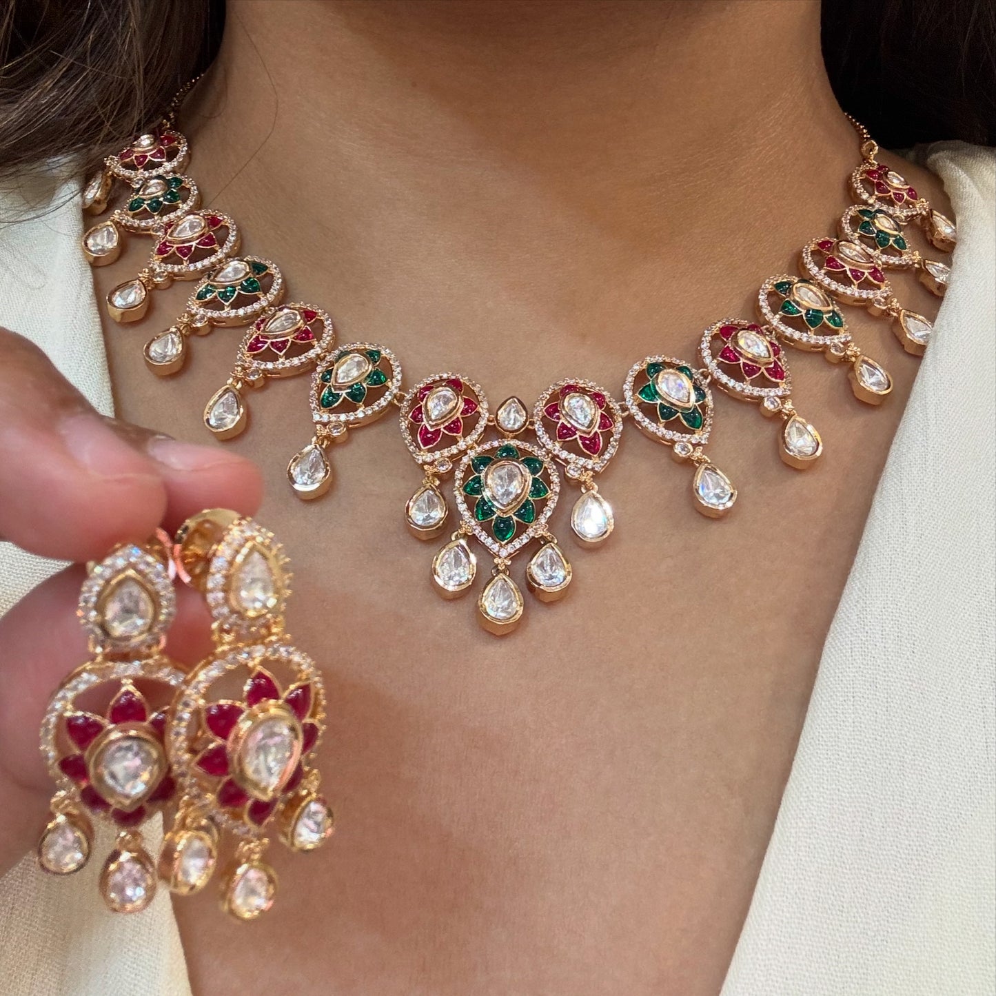 Multicoloured Kundan necklace with Earrings